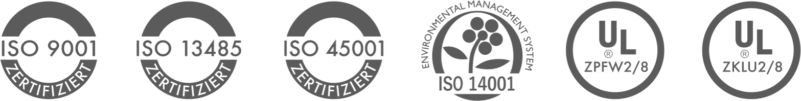 Zertifizierungslogos: ISO 9001, ISO 13485, ISO 45001, ISO 14001, UL ZPFW2/8, UL ZKLU2/8
